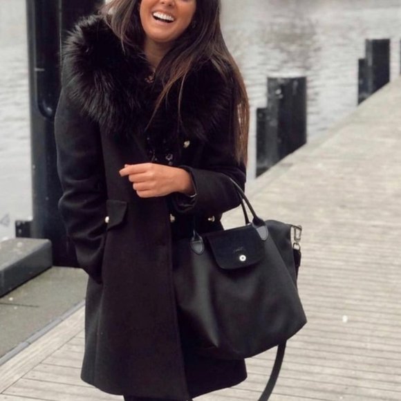 ZARA WOMEN NEW WOOL BLEND FITTED COAT removable faux fur BLACK